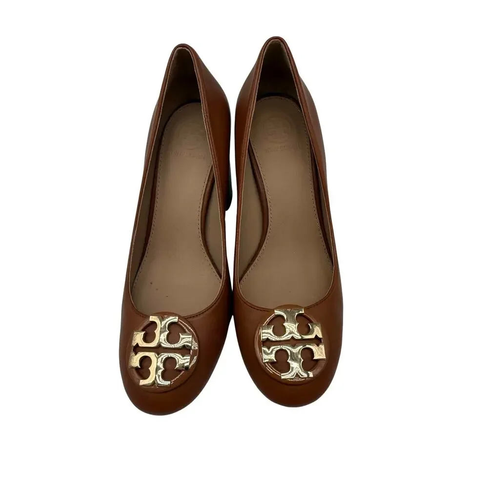 Tory Burch Janey Brown Leather Slip On Block Pump Heels Gold Logo Women's Size 6